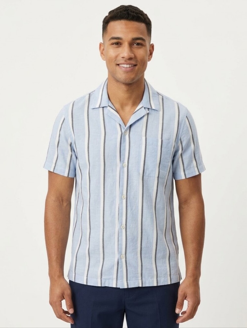 Les Deux Lawson Stripe Short Sleeve Button-Down Shirt Light Blue
